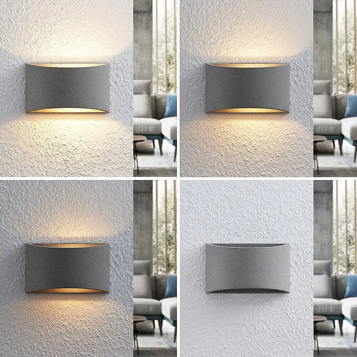 Lindby Wandleuchte Edvin - L x B x H: 8,5 x 20 x 12 cm, alu / grau / zink, G9 - Graue Wandleuchte in Betonoptik, leuchtend in Warmweiß, Kaltweiß und ausgeschaltet gezeigt.