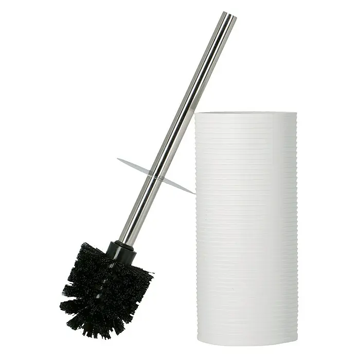 Venus WC-Bürstengarnitur Filler - Polyresin, Weiß - Eine Toilettenbürste mit Halter in schlichtem Design. Der Bürstenkopf ist schwarz und der Griff aus silberfarbenem Metall.