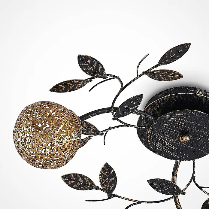 Lucande Deckenleuchte Evory - schwarz, messing / gold, G9 - Dekorative Wandleuchte aus schwarz-goldenem Metall mit Blättern und filigranem kugelförmigem Schirm.