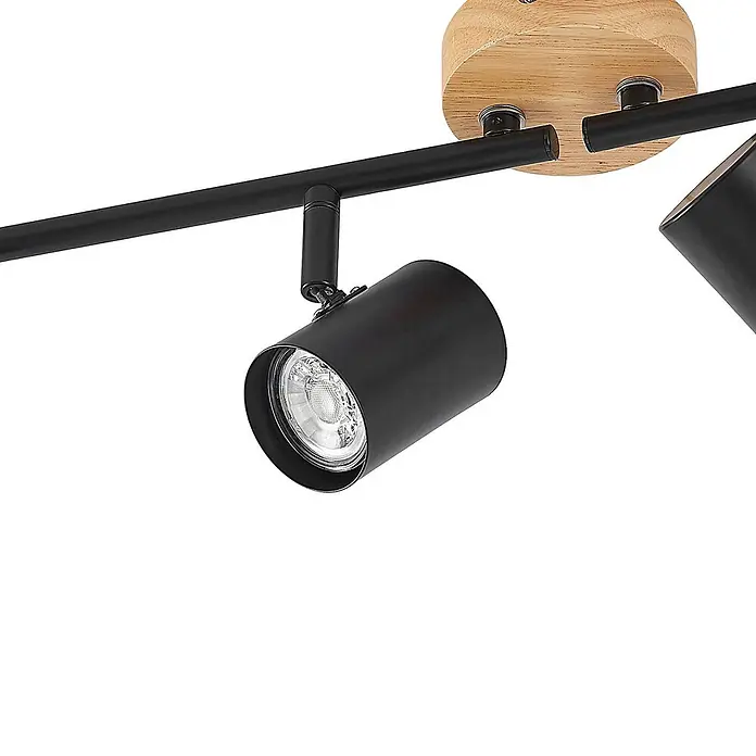 Lindby Deckenleuchte Xiomara - schwarz, GU10 - Schwarze Metall-Schiene mit verstellbaren Strahlern und runder Holz-Deckenhalterung.