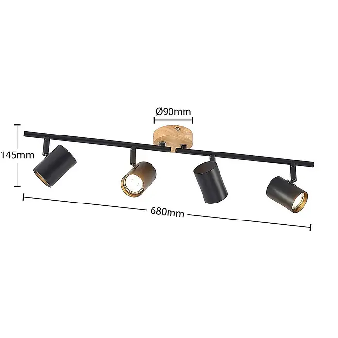 Lindby Deckenleuchte Xiomara - schwarz, GU10 - Schwarze Metall-Deckenleuchte mit vier verstellbaren Strahlern und Holzsockel.