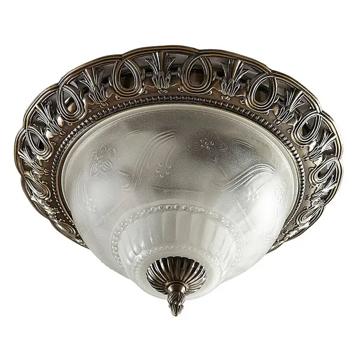 Lindby Deckenleuchte Glas Ø33 cm, Deckenlampe Antik Stil, Glaslampe 2x E14 -  - Verzierte Bronze-Deckenleuchte mit mattiertem Glas und geätzten Blumenmustern.