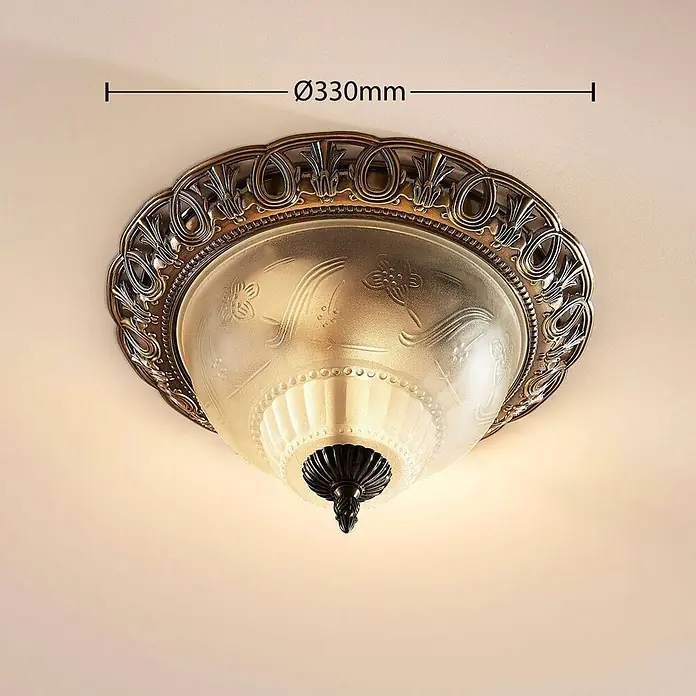 Lindby Deckenleuchte Glas Ø33 cm, Deckenlampe Antik Stil, Glaslampe 2x E14 -  - Deckenleuchte aus Antikmessing (Ø330mm) mit Zierrahmen und mattiertem Glasschirm, warmes Licht abgebend.