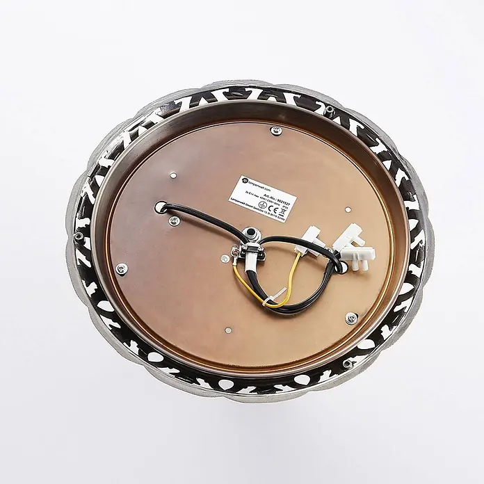 Lindby Deckenleuchte Glas Ø33 cm, Deckenlampe Antik Stil, Glaslampe 2x E14 -  - Rückseite einer runden Deckenleuchte mit kupferfarbener Metallplatte und dekorativem dunkelbronzenem Rand, Verkabelung sichtbar.