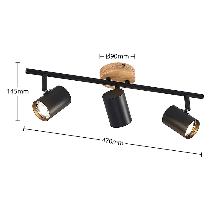 Lindby Deckenleuchte Xiomara - schwarz, GU10 - Schwarze Metall-Schienenleuchte mit drei verstellbaren Strahlern und runder Holz-Deckenhalterung.