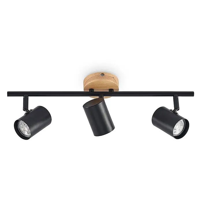 Lindby Deckenleuchte Xiomara - schwarz, GU10 - Schwarze dreiflammige Spotschiene mit Holzfuß zur Decken- oder Wandmontage.