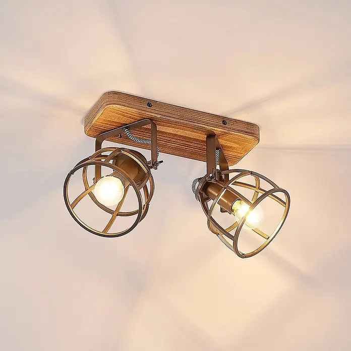 Lindby Deckenleuchte Rutger - Holz dunkel, schwarz, E14 - Deckenleuchte mit zwei verstellbaren Strahlern, antiken Messing-Metallkäfigschirmen und einem Holzsockel.