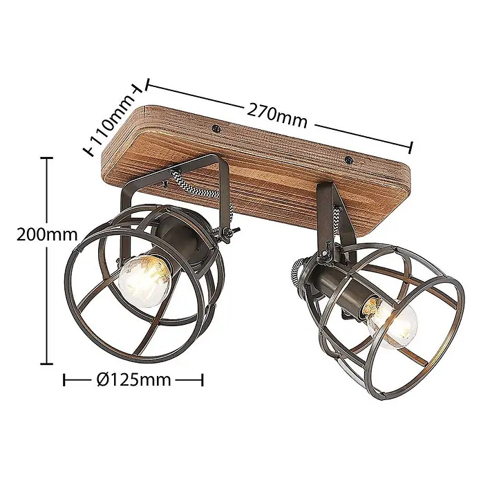 Lindby Deckenleuchte Rutger - Holz dunkel, schwarz, E14 - Industrielle Deckenleuchte mit Holzsockel und zwei dunkelbraunen Metallkäfig-Strahlern. Maße angezeigt.