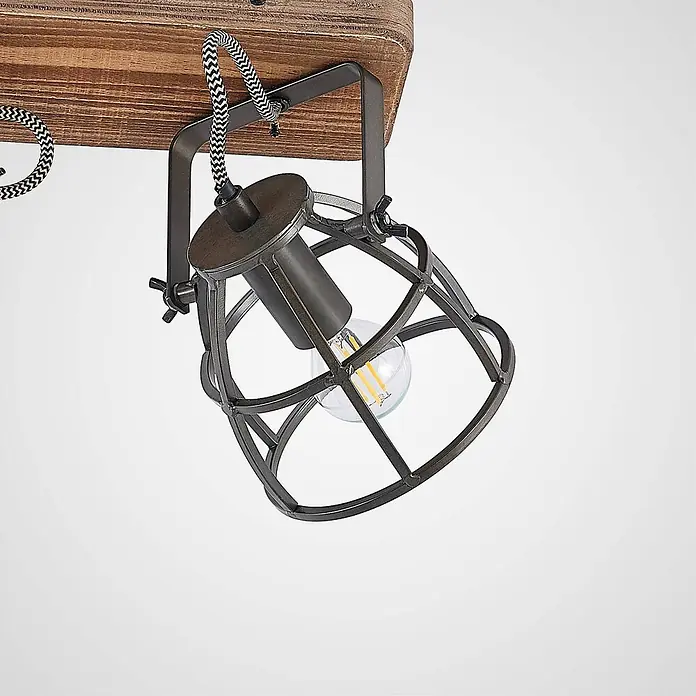 Lindby Deckenleuchte Rutger - Holz dunkel, schwarz, E14 - Industrieller Deckenstrahler mit dunklem Holz, Metallgitter, klarer LED-Birne und geflochtenem Kabel.