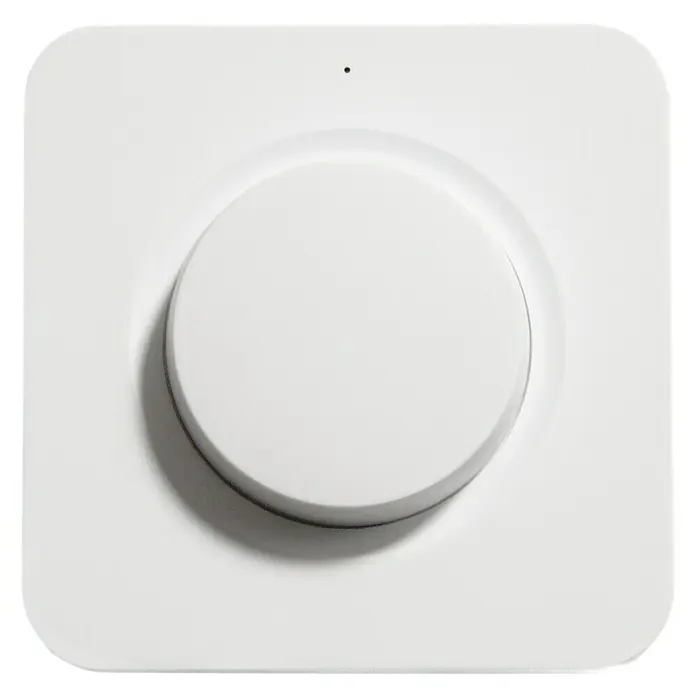 Intertechno Funk-Wandsender Drehdimmer-Schalter - Reichweite ca.: 30 m - Nahaufnahme eines einfachen, quadratischen, weißen Smart Home Drehschalters mit zentralem runden Knopf und kleiner LED-Anzeige.
