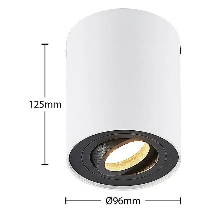 Arcchio Deckenleuchte Jolina - weiß / opal, weiß / opal, GU10 - Weißer zylindrischer LED-Aufbaustrahler mit verstellbarem schwarzem Innenring, H 125mm, Ø 96mm.