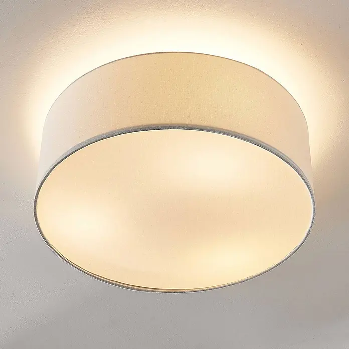 Lindby Deckenleuchte Mariat - weiß / opal, E27 - Hellbeige Stoff-Deckenleuchte in Trommelform, warmes, diffuses Licht abstrahlend.