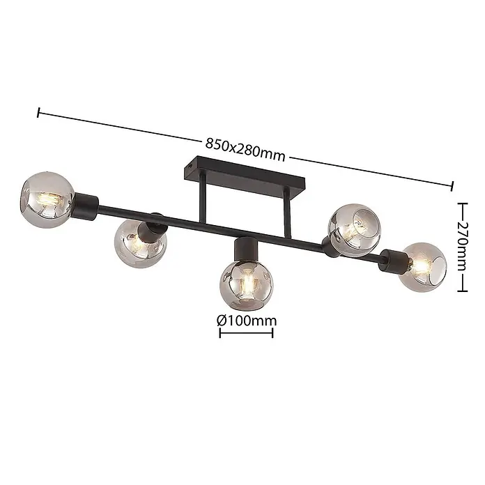 Lindby Deckenleuchte Biscala - schwarz, alu / grau / zink, E14 - Schwarze Metall-Deckenleuchte, 850x280x270mm, mit fünf rauchfarbenen Glasbirnen.