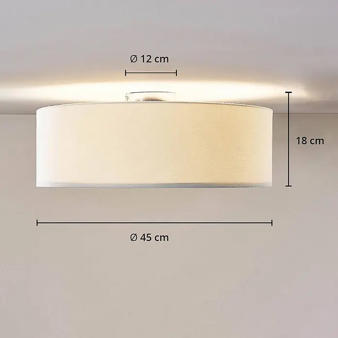 Lindby Deckenleuchte Mariat - weiß / opal, E27 - Zylindrische Deckenleuchte mit hellem Stoffschirm, silberner Halterung. Schirm: Ø 45 cm, H 18 cm.