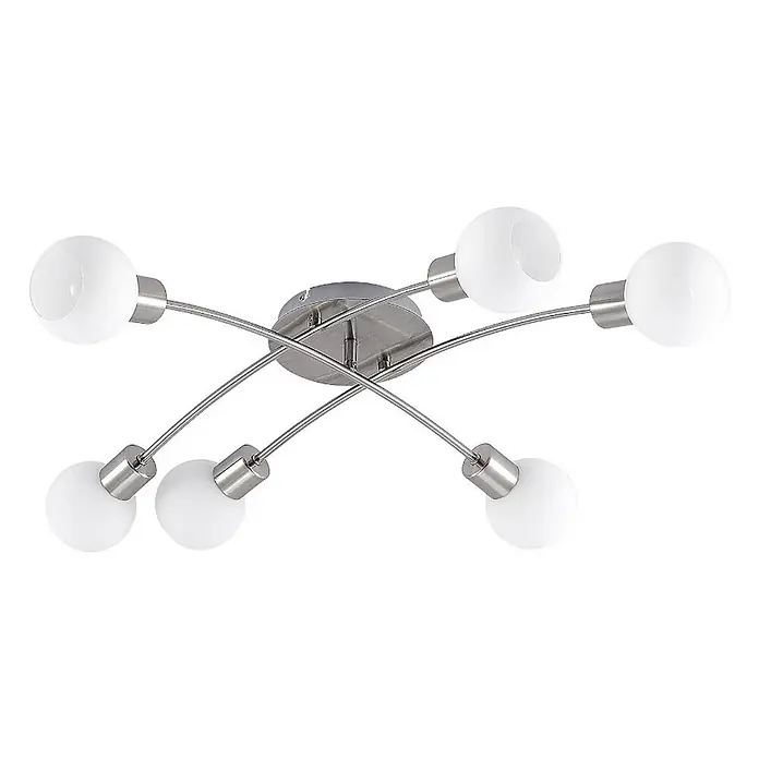 Lindby Deckenleuchte Agmar - L x B x H: 80 x 72 x 18 cm, alu / grau / zink, E14 - Moderne Deckenleuchte mit sechs weißen Glaskugelschirmen auf geschwungenen Armen aus satiniertem Nickel.