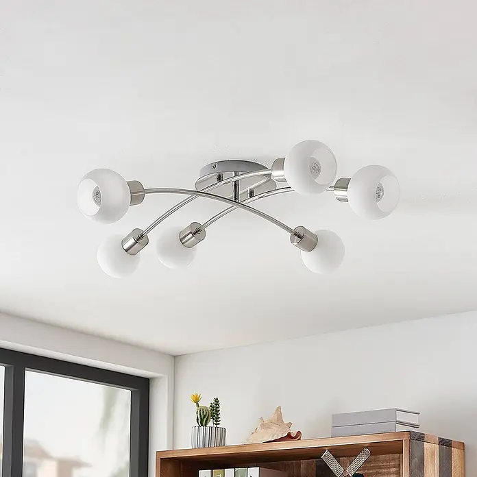 Lindby Deckenleuchte Agmar - L x B x H: 80 x 72 x 18 cm, alu / grau / zink, E14 - Moderne Deckenleuchte aus Chrom/Nickel mit sechs satinierten Glaskugeln.