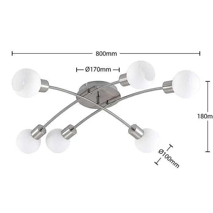 Lindby Deckenleuchte Agmar - L x B x H: 80 x 72 x 18 cm, alu / grau / zink, E14 - Moderne Deckenleuchte aus gebürstetem Chrom mit sechs weißen Glaskugelschirmen. Maße: 800x180mm.