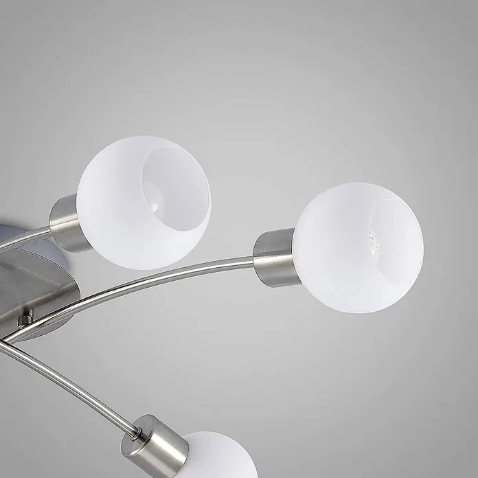 Lindby Deckenleuchte Agmar - L x B x H: 80 x 72 x 18 cm, alu / grau / zink, E14 - Deckenleuchte aus gebürstetem Metall mit mehreren weißen, kugelrunden, mattierten Glasschirmen.