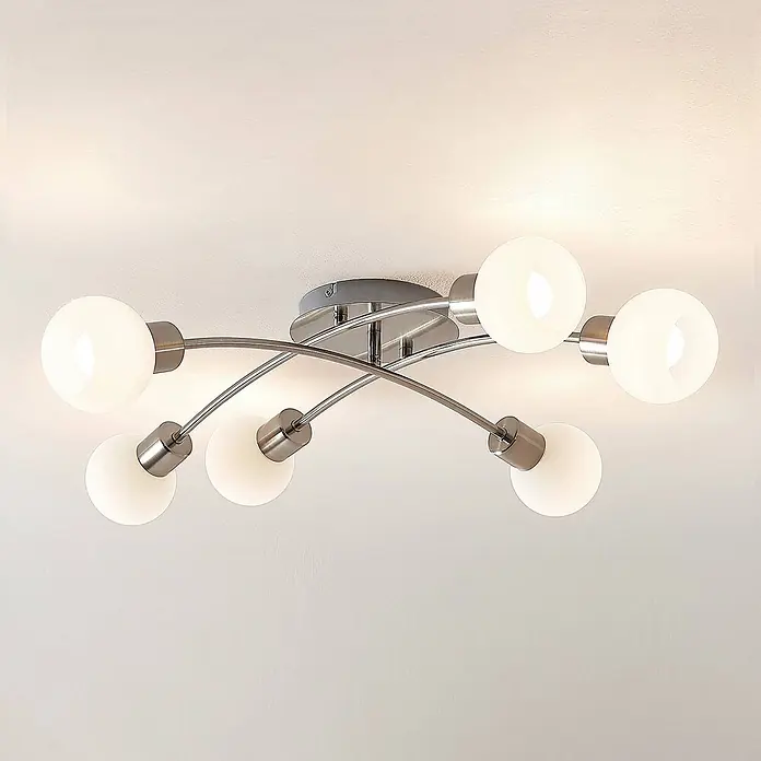 Lindby Deckenleuchte Agmar - L x B x H: 80 x 72 x 18 cm, alu / grau / zink, E14 - Sechsflammige Deckenleuchte mit Chromgestell und geschwungenen Armen, die kugelförmige weiße Glasschirme halten.