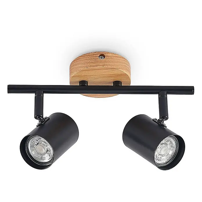 Lindby Deckenleuchte Xiomara - Holz hell, schwarz, GU10 - Schwarze Deckenleuchte mit zwei Spots, Holzsockel und verstellbaren Metallstrahlern.