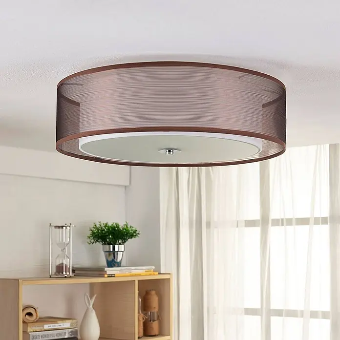 Lindby Deckenleuchte Tobia - L x B x H: 50 x 50 x 14,5 cm, braun / rost, E27 - Runde Deckenleuchte mit braunem, transparentem Stoffschirm und weißem Diffusor.