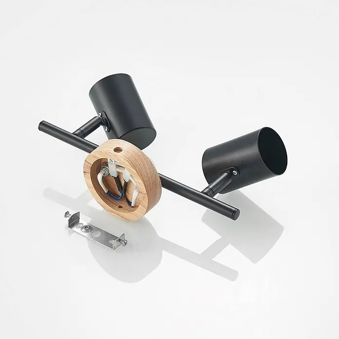 Lindby Deckenleuchte Xiomara - Holz hell, schwarz, GU10 - Moderne schwarze Metall-Doppelstrahler mit verstellbarem Design und runder Holzbasis, mit Montagehalterung.