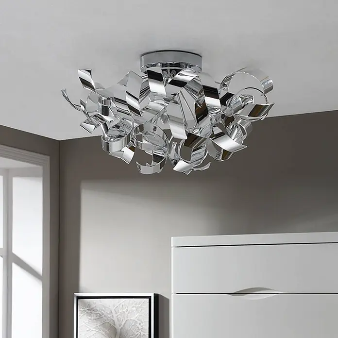 Lindby Deckenleuchte Elviro - L x B x H: 50 x 50 x 26 cm, chrom / silber, chrom / silber, E14 - Moderne Chrom-Deckenleuchte mit abstraktem Design aus wirbelnden Bandelementen, bündig montiert.