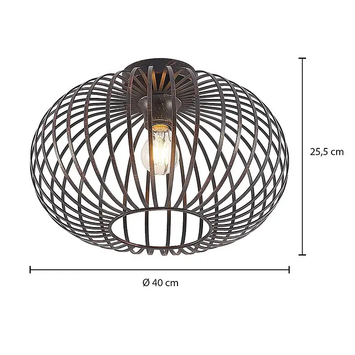 Lindby Deckenleuchte Rosalea - schwarz, E27 - Dunkle Deckenleuchte aus bronzefarbenem Metallgitter mit sichtbarer Glühbirne. Ovales, offenes Design.