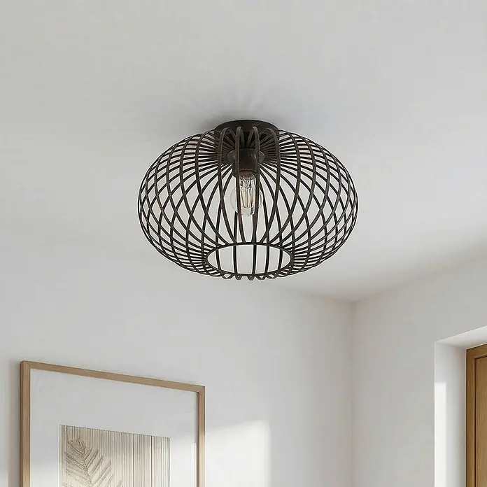 Lindby Deckenleuchte Rosalea - schwarz, E27 - Dunkelbraune Deckenleuchte aus Metallkäfig mit sichtbarer Filamentlampe.