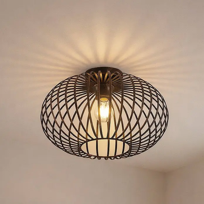 Lindby Deckenleuchte Rosalea - schwarz, E27 - Deckenleuchte aus dunklem Metallgeflecht mit sichtbarer Glühbirne, erzeugt dekorative Schatten.
