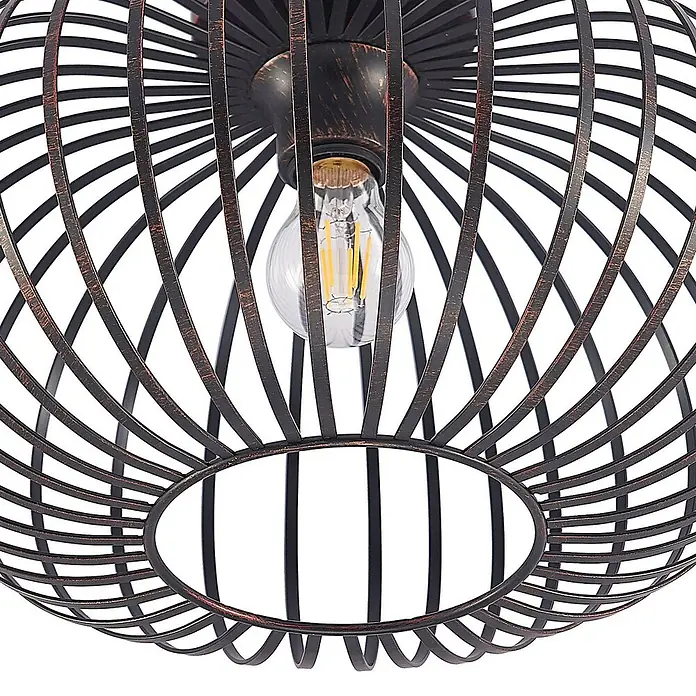 Lindby Deckenleuchte Rosalea - schwarz, E27 - Dunkle, rustikale Metallkäfig-Pendelleuchte mit sichtbarer Glühbirne.
