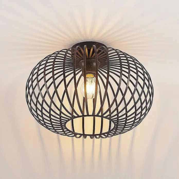 Lindby Deckenleuchte Rosalea - schwarz, E27 - Deckenleuchte im Industriestil mit dunkelbronzenem Metallkäfigschirm und freiliegender Glühbirne, die kunstvolle Schatten wirft.