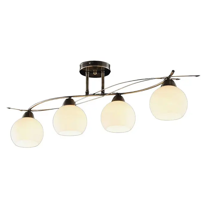 Lindby Deckenleuchte Leanda - bronze / altmessing, E14 - Vierflammige Deckenlampe mit antikem Messing-Finish und runden Opalglas-Schirmen an einer geschwungenen Metallstange.