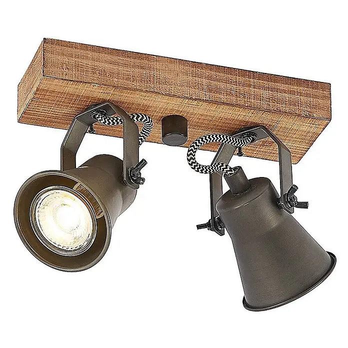 Lindby Deckenstrahler Grandesa - Holz dunkel, schwarz, GU10 - Zwei dunkelgraue Strahler mit geflochtenen Kabeln auf einem rustikalen Holzbalken montiert.