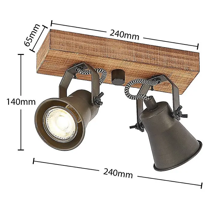 Lindby Deckenstrahler Grandesa - Holz dunkel, schwarz, GU10 - Zweiflammige Deckenleuchte im Industriestil mit rustikaler Holzbasis und dunklen Metallspots, mit geflochtenen Kabeln.