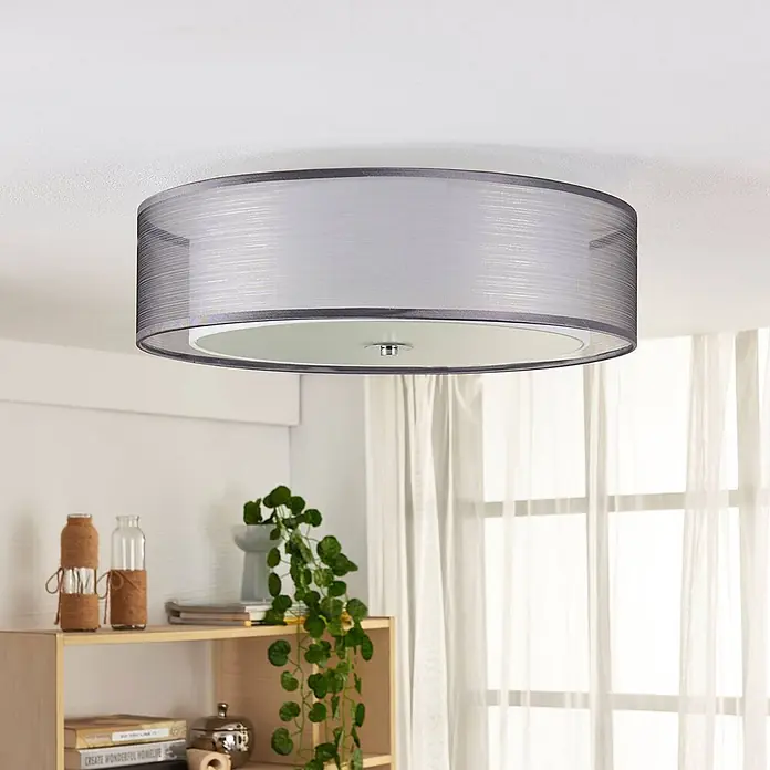 Lindby Deckenleuchte Tobia - alu / grau / zink, E27 - Runde graue Stoff-Deckenleuchte mit weißem Diffusor, an der Decke montiert.