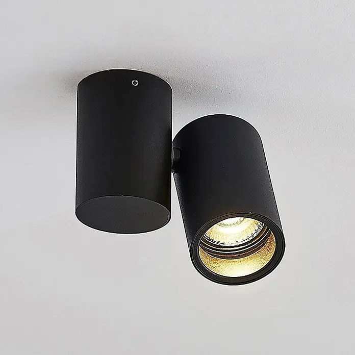 Arcchio Deckenstrahler Gesina - schwarz, schwarz, GU10 - Schwarze Deckenleuchte aus Metall mit zwei verstellbaren zylindrischen Strahlern, einer beleuchtet mit warmem LED-Licht.