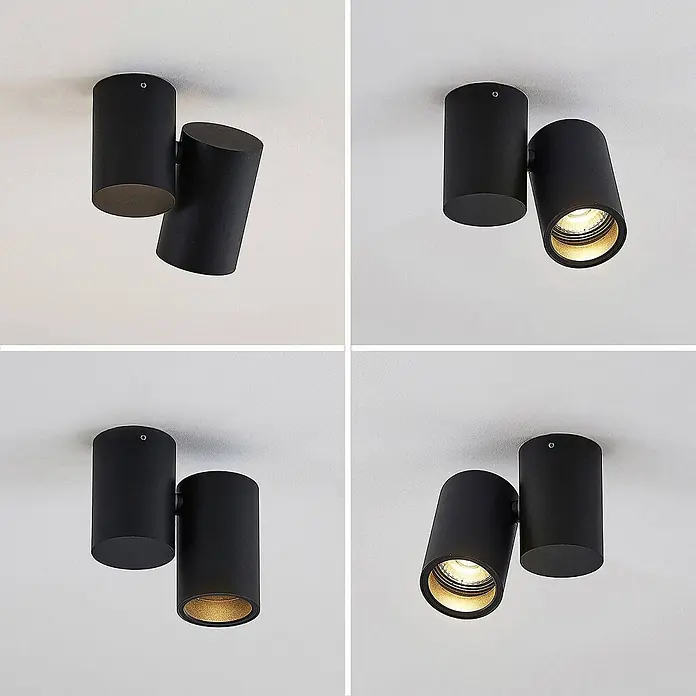 Arcchio Deckenstrahler Gesina - schwarz, schwarz, GU10 - Schwarzer zylindrischer Deckenstrahler mit zwei verstellbaren Köpfen, einer leuchtet warm.