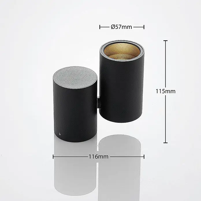 Arcchio Deckenstrahler Gesina - schwarz, schwarz, GU10 - Schwarze zylindrische Außenwandleuchte mit goldenem Inneren, Maße: Ø57x115mm, Gesamtbreite 116mm.