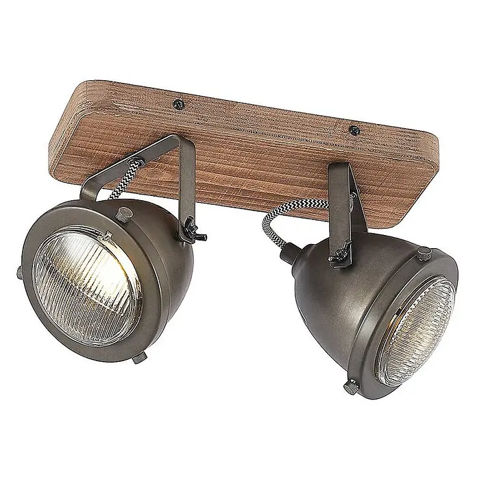 Lindby Deckenstrahler Farovi - Holz dunkel, schwarz, GU10 - Zwei dunkle Metallstrahler auf einem Holzbalken als Deckenleuchte.