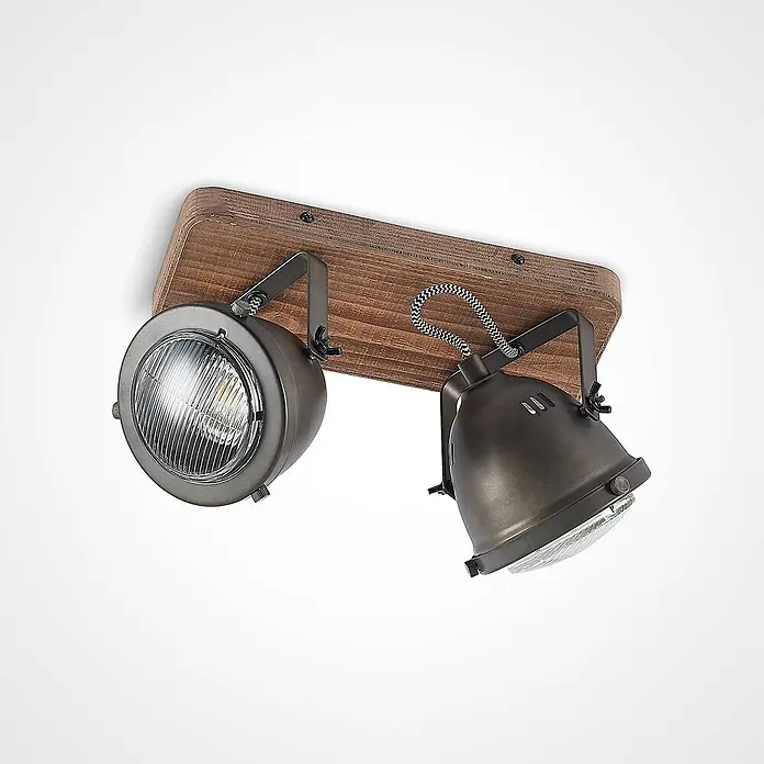 Lindby Deckenstrahler Farovi - Holz dunkel, schwarz, GU10 - Zweiflammige Deckenleuchte mit Holzsockel und anthrazitfarbenen Metallspots.