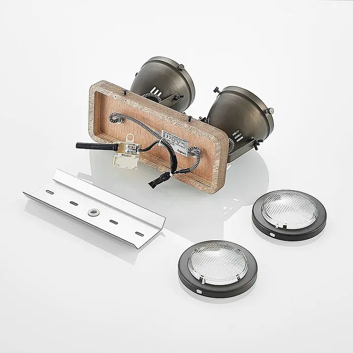Lindby Deckenstrahler Farovi - Holz dunkel, schwarz, GU10 - Demontierter Deckenstrahler mit Holzsockel, zwei dunklen Metallschirmen, Montagehalterung und Glasdiffusoren.