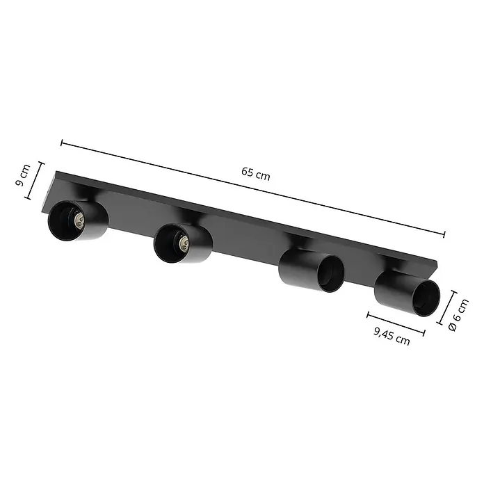Arcchio Deckenstrahler Brinja - schwarz, schwarz, GU10 - Schwarze Deckenleiste mit vier Strahlern, 65 cm lang, 9 cm hoch, mit Ø 6 cm Strahlern.