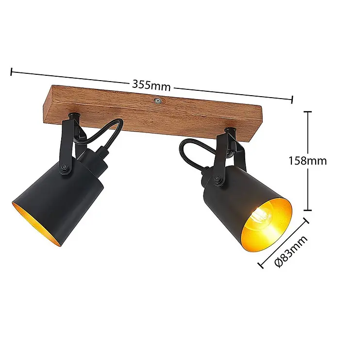Lindby Deckenstrahler Kimban - L x B x H: 35,5 x 8,3 x 15,8 cm, Holz dunkel, schwarz, E14 - Zwei verstellbare schwarze Metallstrahler mit goldenem Inneren auf einem Holzträger.