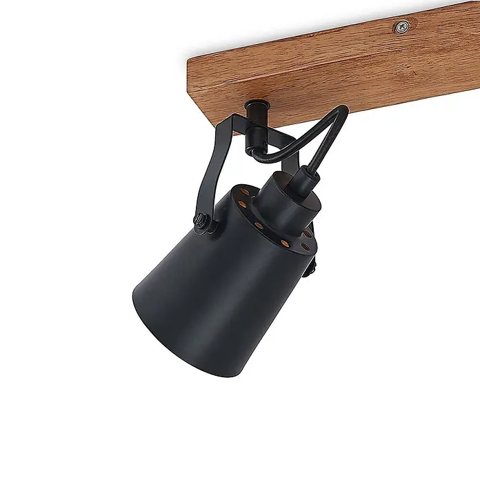 Lindby Deckenstrahler Kimban - L x B x H: 35,5 x 8,3 x 15,8 cm, Holz dunkel, schwarz, E14 - Schwarzer Metallstrahler mit verstellbarem Kopf, montiert auf einem Naturholzbalken.