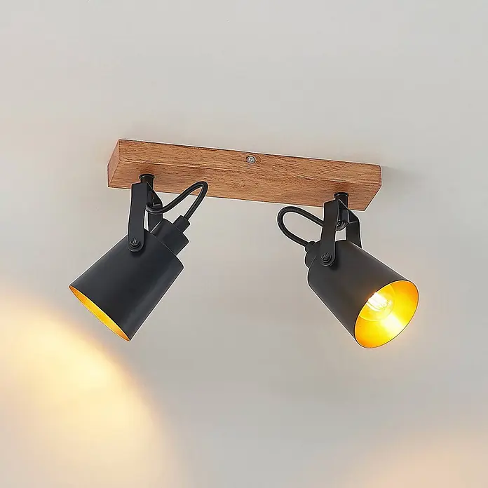 Lindby Deckenstrahler Kimban - L x B x H: 35,5 x 8,3 x 15,8 cm, Holz dunkel, schwarz, E14 - Zweiflammiger Deckenstrahler mit Holzsockel und verstellbaren schwarzen Metallspots, spendet warmes Licht.
