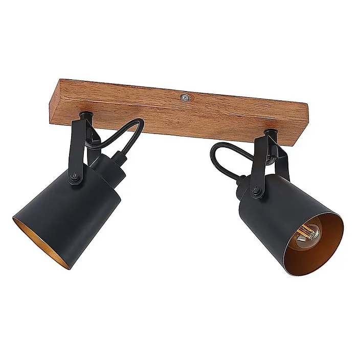 Lindby Deckenstrahler Kimban - L x B x H: 35,5 x 8,3 x 15,8 cm, Holz dunkel, schwarz, E14 - Schwarze Deckenleuchte mit zwei Strahlern, Holzleiste und goldfarbenen Reflektoren.