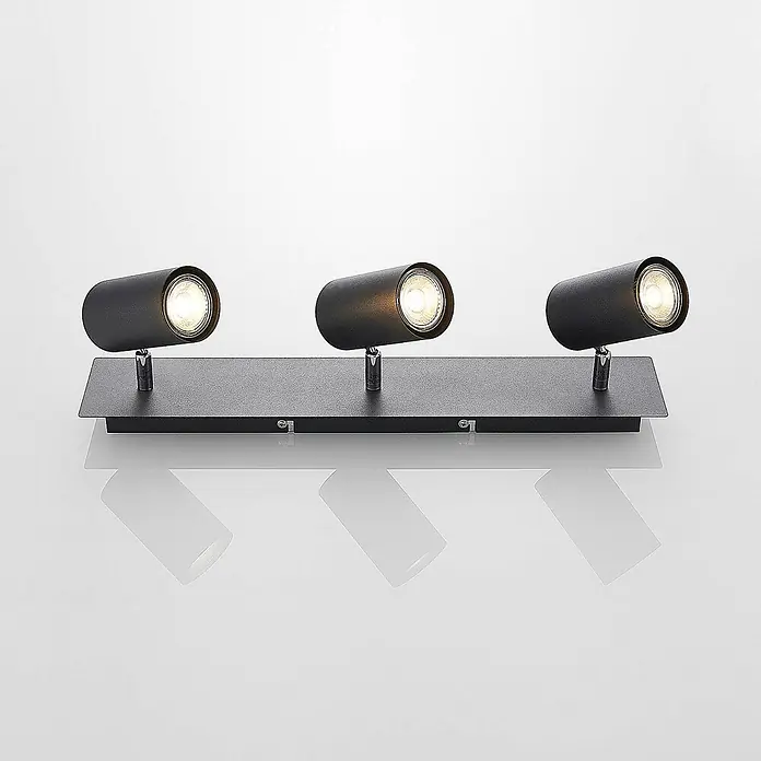 Lindby Deckenstrahler Joffrey - L x B x H: 49 x 9,5 x 16,5 cm, schwarz, schwarz, GU10 - Schwarze dreiflammige Spotleiste aus Metall mit verstellbaren zylindrischen Strahlern, warmweiß beleuchtet.
