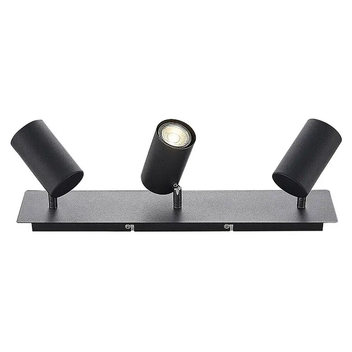 Lindby Deckenstrahler Joffrey - L x B x H: 49 x 9,5 x 16,5 cm, schwarz, schwarz, GU10 - Dreifache schwarze Strahlerleiste aus mattem Metall mit drei verstellbaren zylindrischen Leuchten, eine leuchtet warm.
