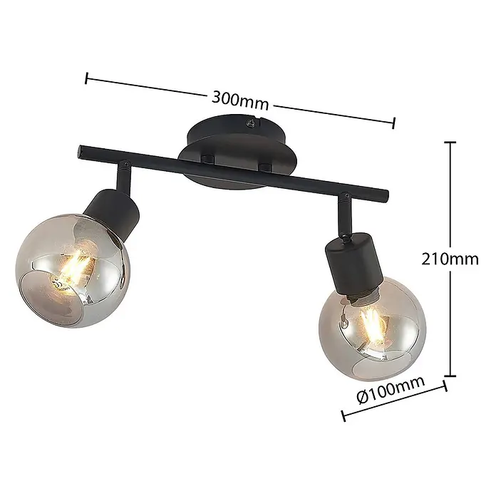 Lindby Deckenstrahler Eridia - schwarz, schwarz, E14 - Schwarze Metalldeckenleuchte mit zwei schwenkbaren Rauchglaskugeln auf einer Stange.